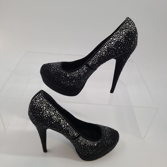 Aldo Black Satin & Rhinestone Stiletto Platform Pumps Size 9 - Picture 3 of 10
